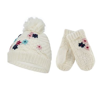 Mantaray Girls' cream knitted flower hat and mittens set